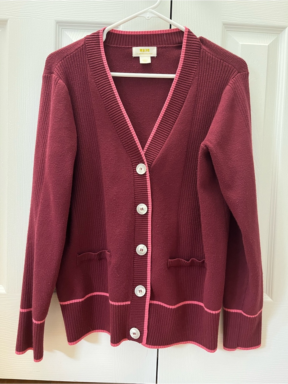 Maeve Anthropologie Burgundy Pink Trim Button Front Cardigan Sz S